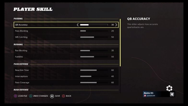 Realistic game sliders - player skill