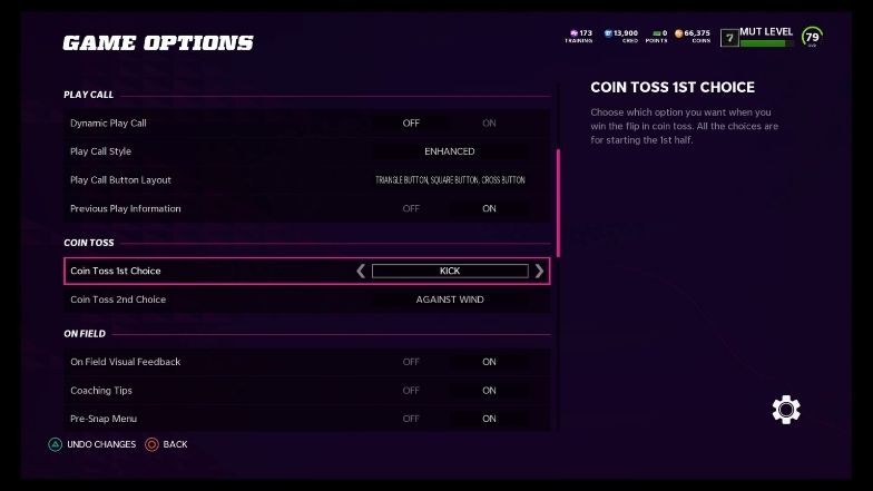 MUT game options - coin toss